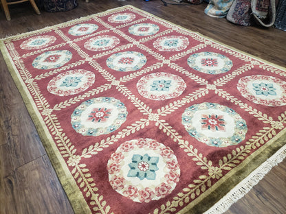 Nepalese Aubusson Panel Rug 6x9, Red & Ivory Soft Plush Tibetan Pile Rug, Wool Hand-Knotted Carpet, 6 x 9 Elegant Area Rug, Office Room Rug-1