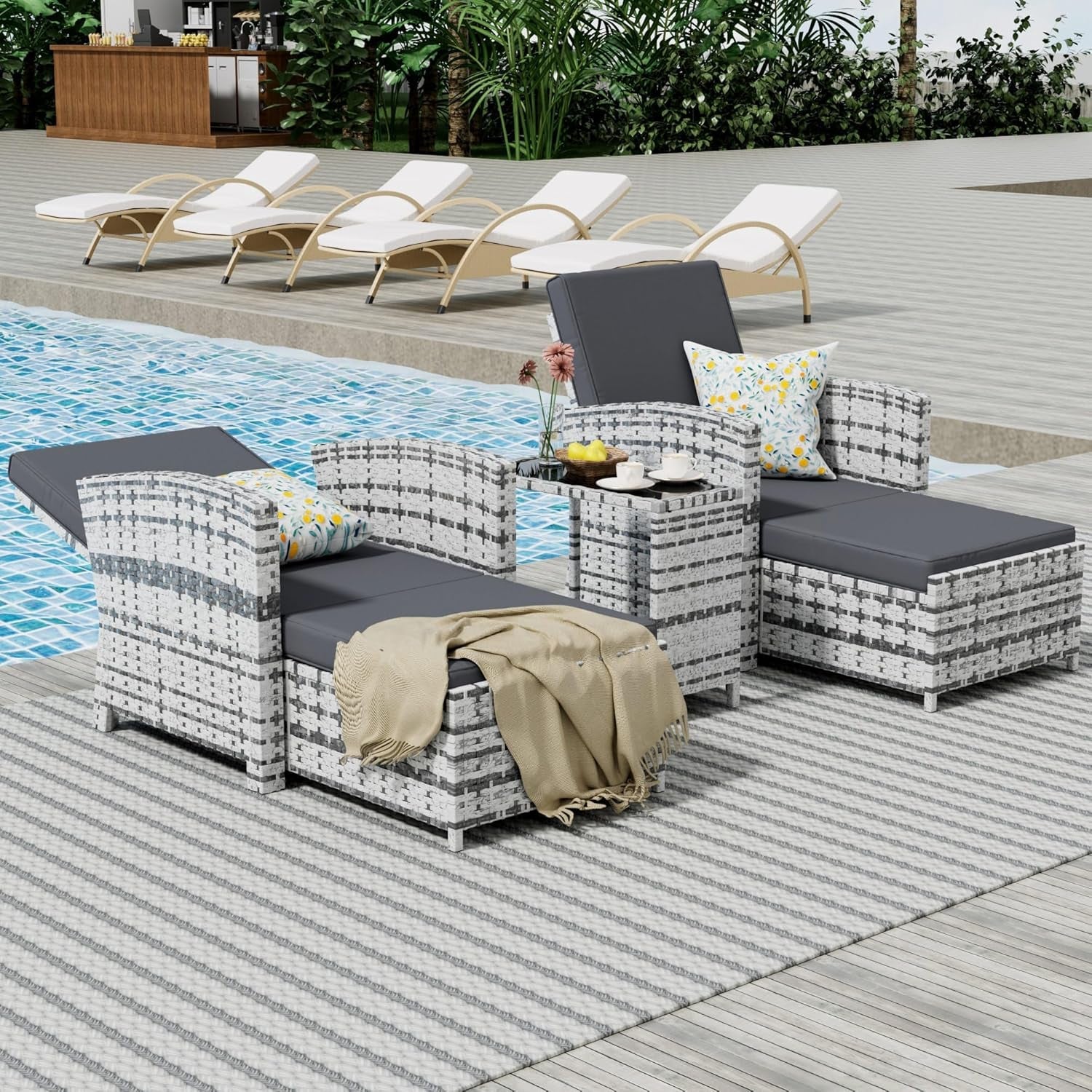 Outdoor Patio Chairs with Ottomans, 5 Piece Outdoor Patio Furniture Set, Wicker Patio Conversation Set, Outdoor Sofa with Ottoman, and Table for Porch, Garden, and Balcony, Grey-3