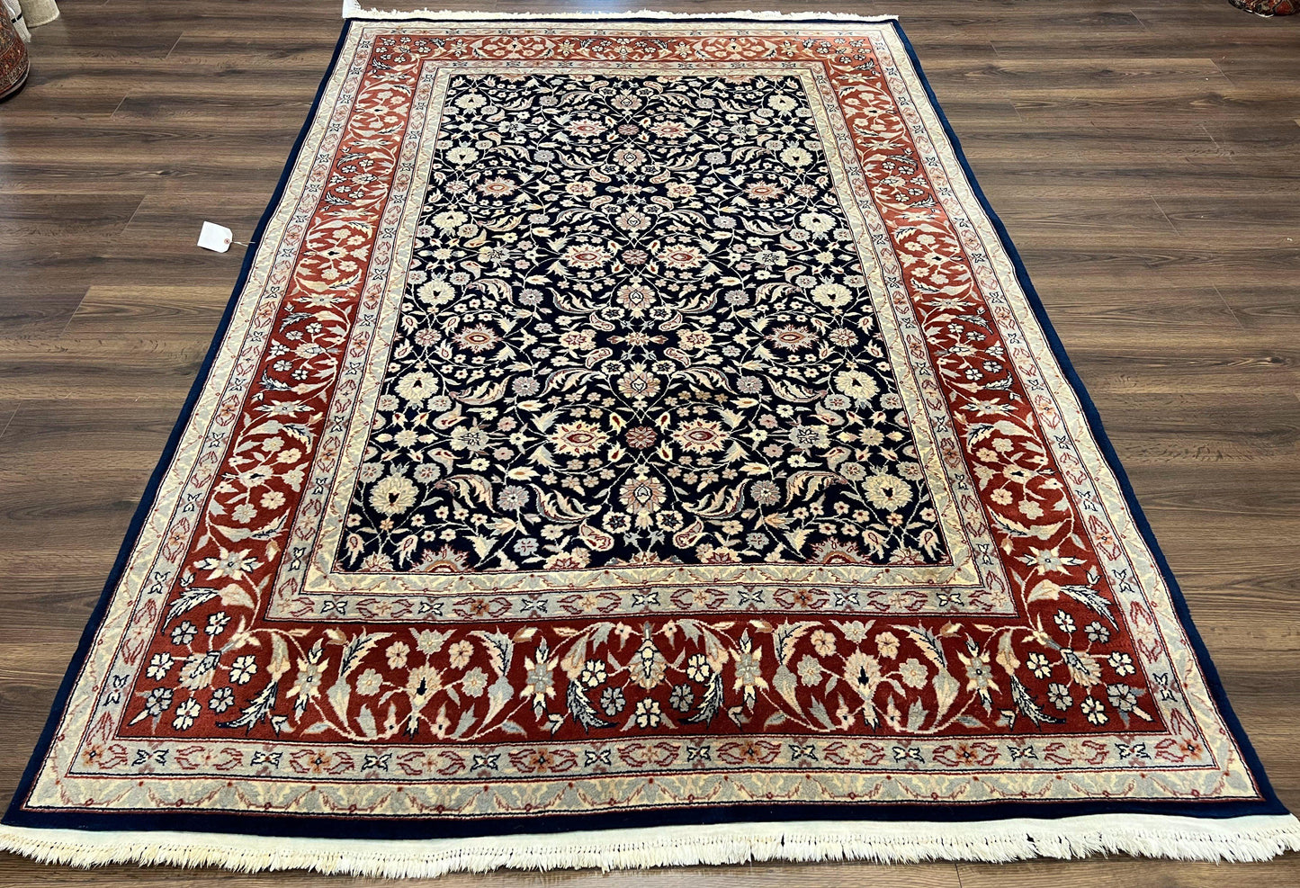 Indo Sarouk Rug 6x9, Vintage Indian Persian Rug, Wool Oriental Carpet, Navy Blue Red Allover Floral Rug, Traditional Very Fine Rug, Area Rug