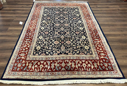Indo Sarouk Rug 6x9, Vintage Indian Persian Rug, Wool Oriental Carpet, Navy Blue Red Allover Floral Rug, Traditional Very Fine Rug, Area Rug