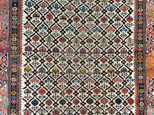 Antique Caucasian Rug 4x5, Hand Knotted Handmade Shirvan Oriental Carpet, Ivory Red Rug Allover Pattern, Rare Wool Rug, Tribal Geometric Rug