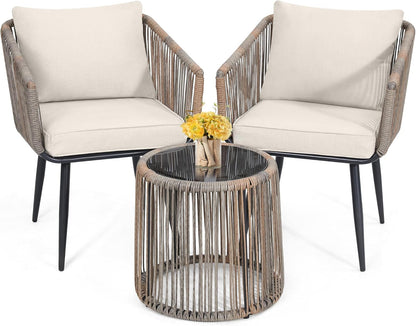 3 Piece Patio Rattan Bistro Conversation Set, Outdoor All Weather Wicker Furniture Chairs and Side Table Set, Ideal for Balcony, Porch and Backyard, Beige-0
