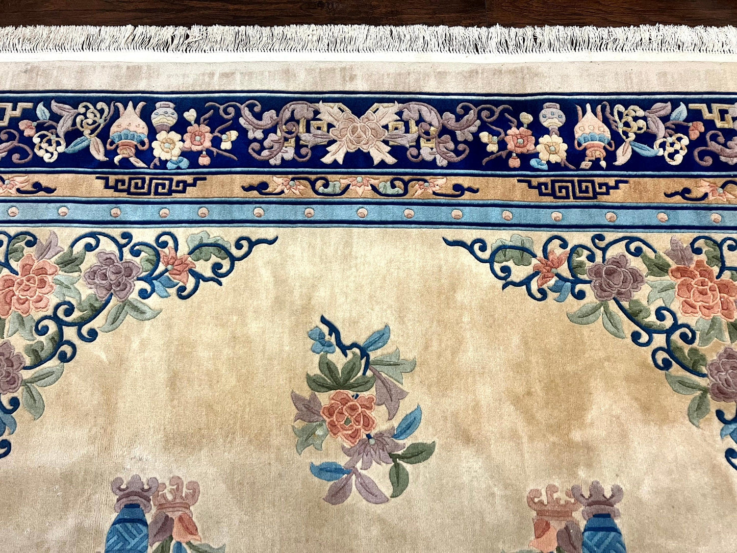 Chinese Wool Rug 8x11, Peking Asian Oriental Carpet, Cream/Ivory and Blue, Vintage Handmade Rug, Art Deco Rug-2