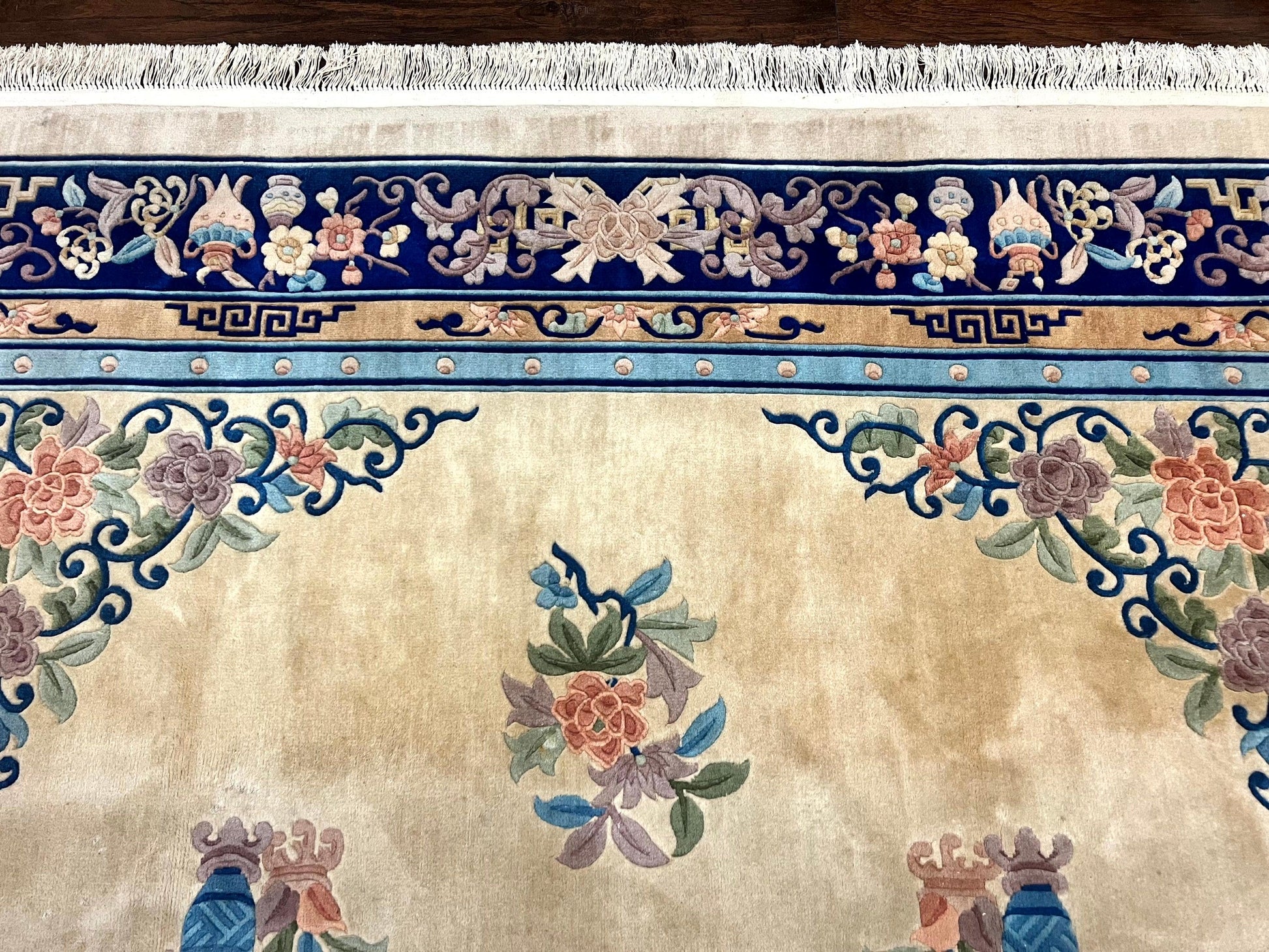 Chinese Wool Rug 8x11, Peking Asian Oriental Carpet, Cream/Ivory and Blue, Vintage Handmade Rug, Art Deco Rug-2