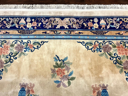 Chinese Wool Rug 8x11, Peking Asian Oriental Carpet, Cream/Ivory and Blue, Vintage Handmade Rug, Art Deco Rug-2