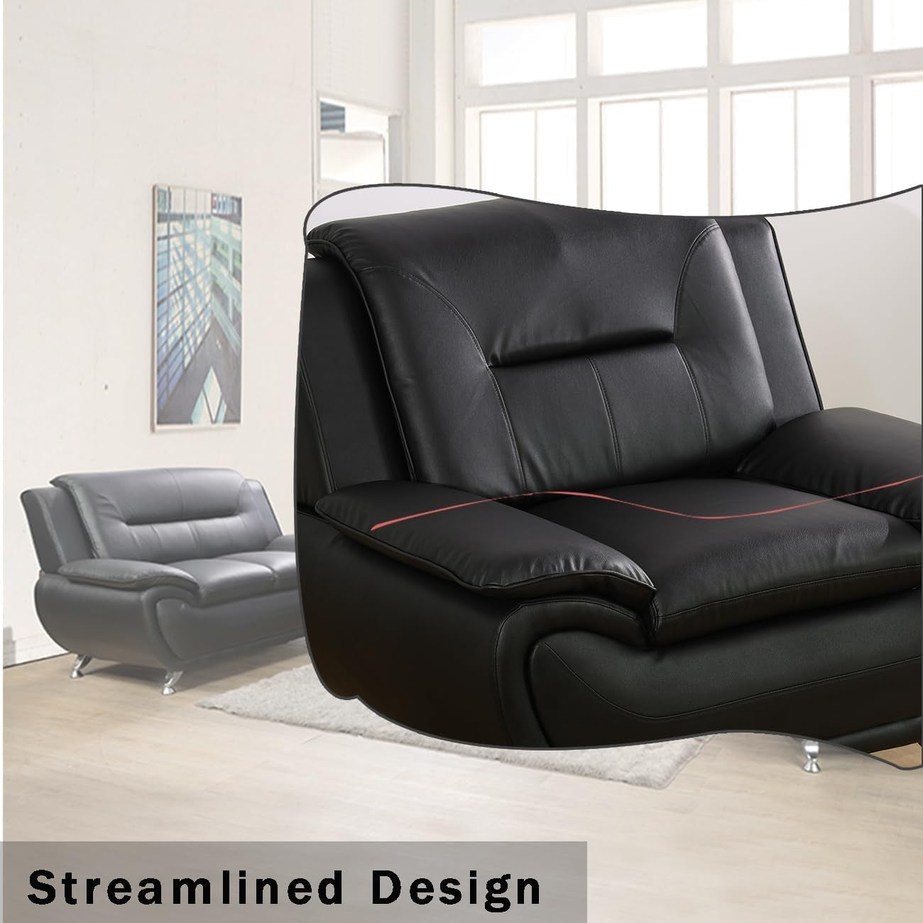 Contemporary Living Room Furniture Set, Faux Leather Sofa Set for Living Room/House/Bedroom/Office/Apartment (Black-B, Loveseat), F45&F46