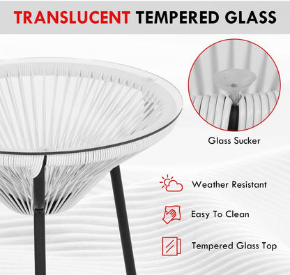 Acapulco Patio Bistro Set 3-Piece Outdoor Furniture Set All-Weather Woven Rope Patio Conversation Set with Glass Top Table and 2 Chairs (White)-4