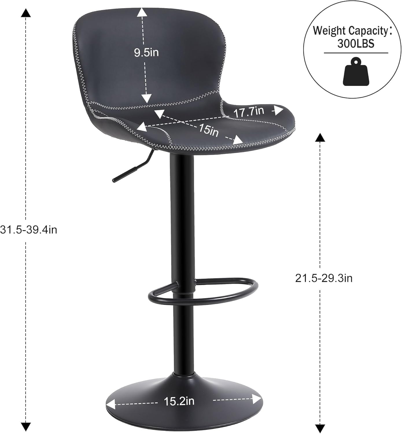 Bar Stools Set of 2, PU Leather Counter Height Barstools with Back, Height Adjustable Swivel Bar Chairs, Modern Armless Kitchen Island Stool, Black-2