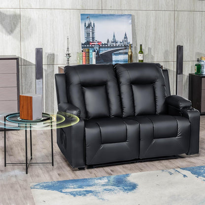 Living Room Furniture Set, Bonded Leather Loveseat Sofa with Cup Holder Recliner Chair, Black