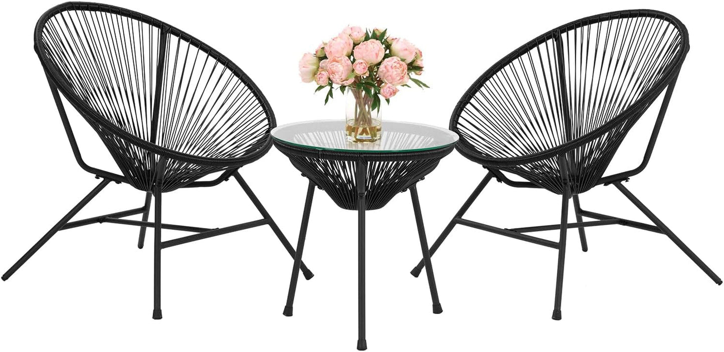 Acapulco Patio Bistro Set 3-Piece Outdoor Furniture Set All-Weather Woven Rope Patio Conversation Set with Glass Top Table and 2 Chairs (Black)-0