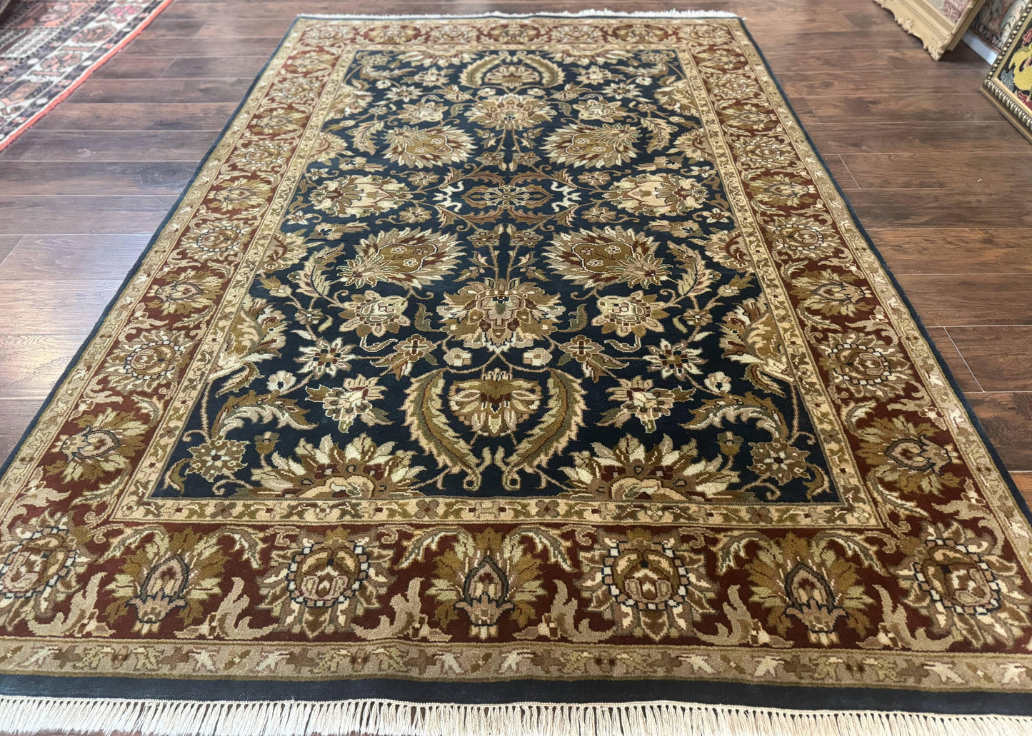 Indian Agra Rug 6x9, Floral, Traditional Rug, Dark Green Maroon Tan