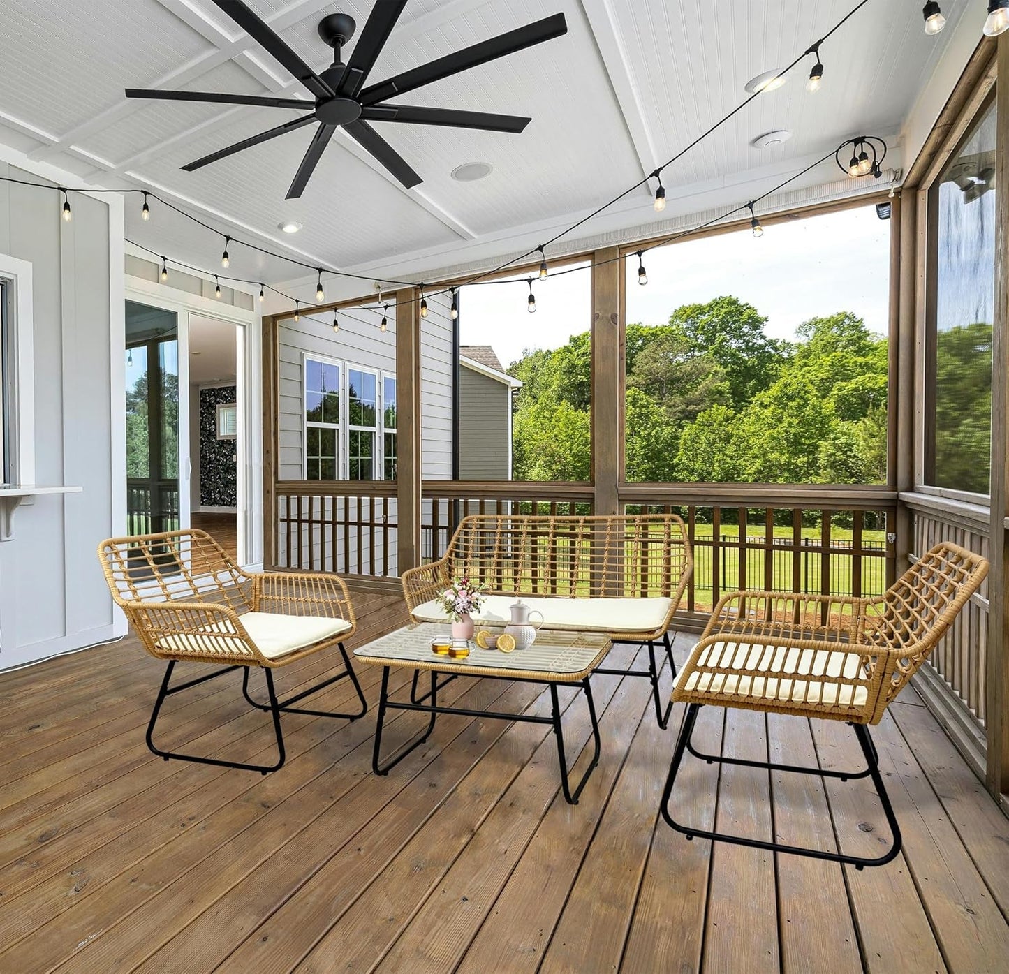 4 Piece Rattan Patio Furniture Set,Indoor/Outdoor Wicker Conversation Set with Loveseat,Chairs and Table for Garden,Porch,Yard and Poolside with White Soft Cushions-2