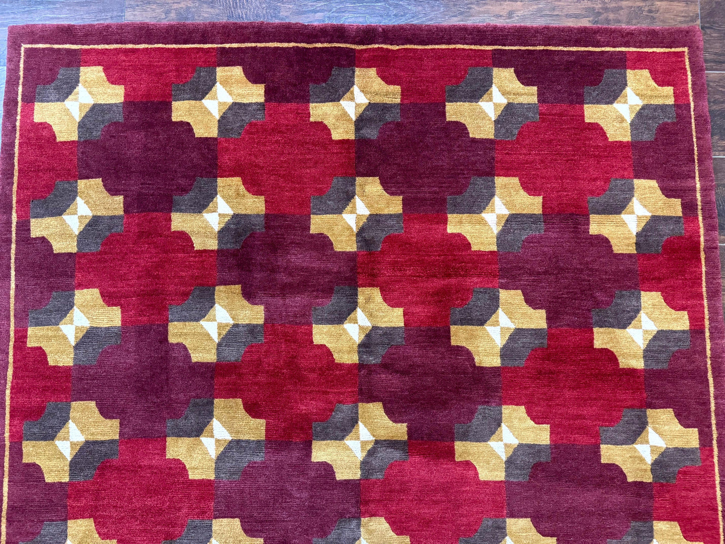 Modern Tibetan Rug 5 x 6.8, Wool, Red, Allover Pattern, Nepali Rug, Abstract Rug, Handmade Area Rug