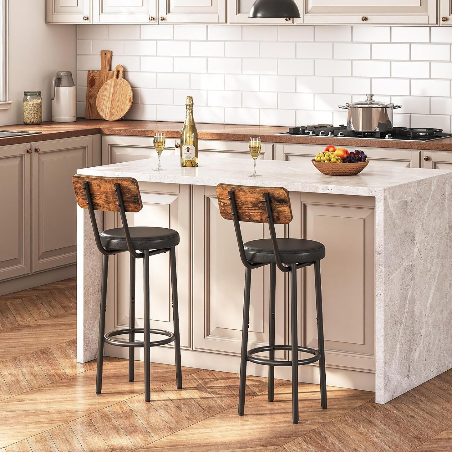 Bar Stools, Bar Stools Set of 2 with PU Upholstered, Bar Chairs with Footrest and Back, 26" Bar Stools for Kitchen Island, Dining Room, Easy to Assemble, Rustic Brown and Black BF31BY01G1-3