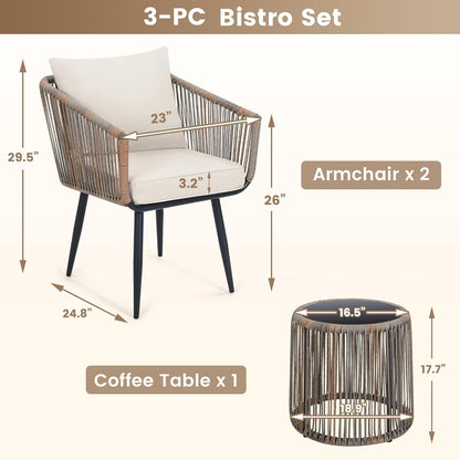 3 Piece Patio Rattan Bistro Conversation Set, Outdoor All Weather Wicker Furniture Chairs and Side Table Set, Ideal for Balcony, Porch and Backyard, Beige-4