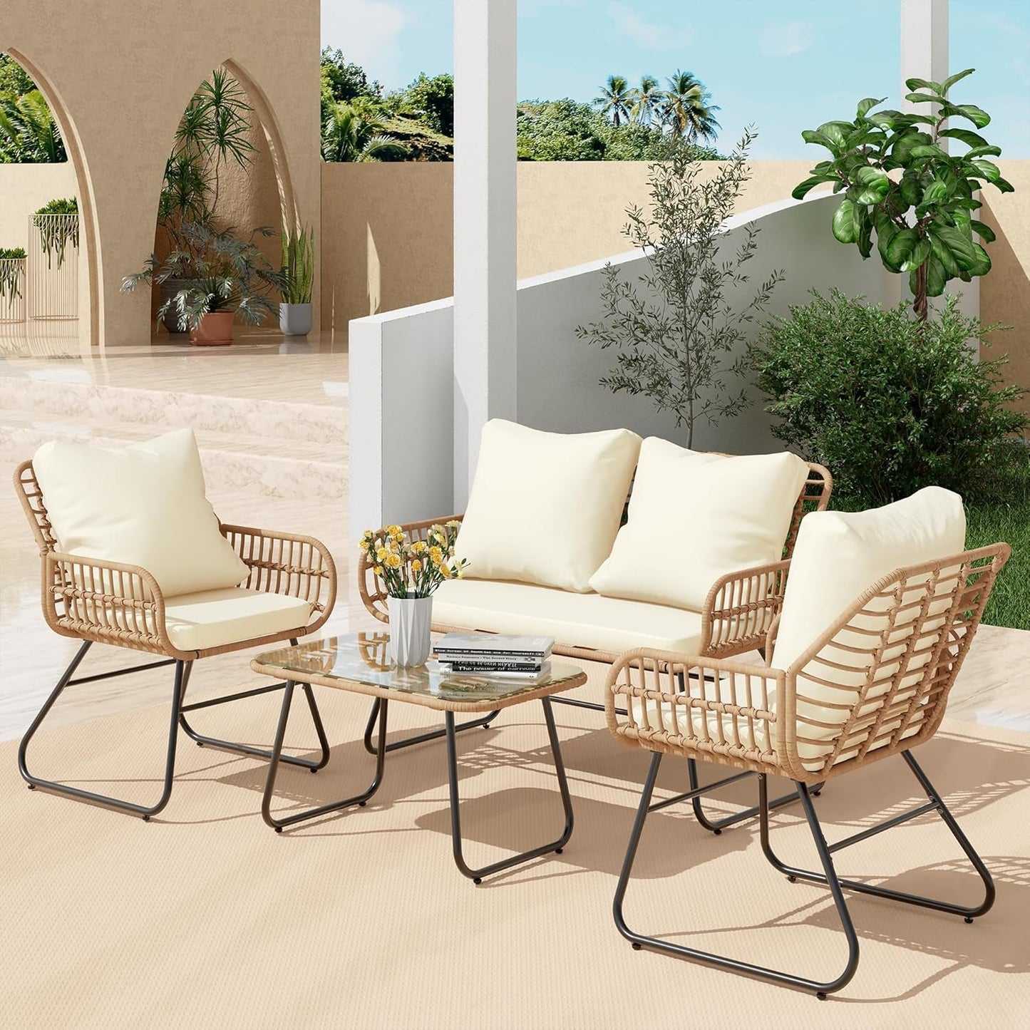 Stylish Four-Piece Outdoor Rattan Furniture Set with Cushions