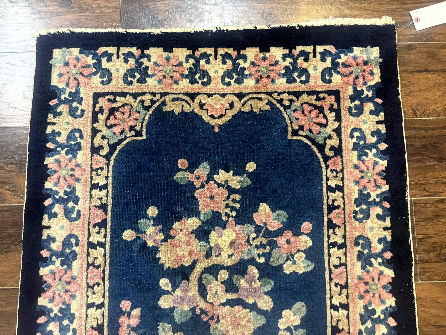 Blue and Beige Chinese Wool Rug 3x6, Chinese Fete Rug, Peking Rug, Antique Chinese Carpet