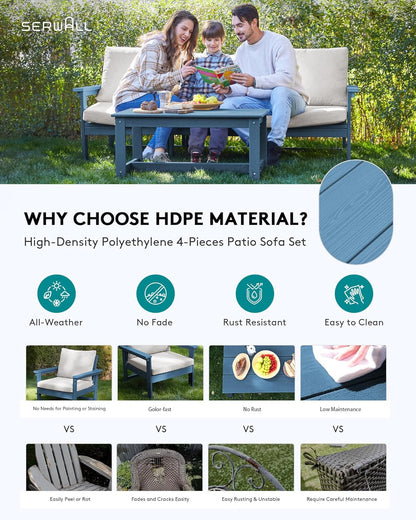 HDPE Patio Sofa Set, 4-Piece Sectional Outdoor Patio Furniture Set, All Weather Patio Couch Set Patio Furniture Set for Deck, Lawn, Blue Frame with Khaki Cushion-4