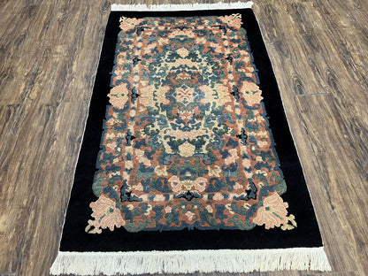 Chinese Art Deco Rug 3x5, Black and Beige Chinese Carpet 3 x 5, Vintage Rug, 1950s Rug, Floral Rug, Handmade Rug, Art Deco Rug, Wool Rug