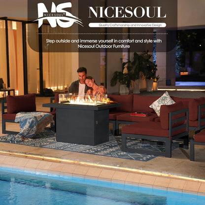 ® Modern Large Grey Aluminum Outdoor Patio Furniture Set with Propane/Natural Gas Fire Pit Table, 29'' Deep Wide Seating Conversation Sofa L Shaped Sectional Couch Set (6 Pieces, 5 Seats)-4