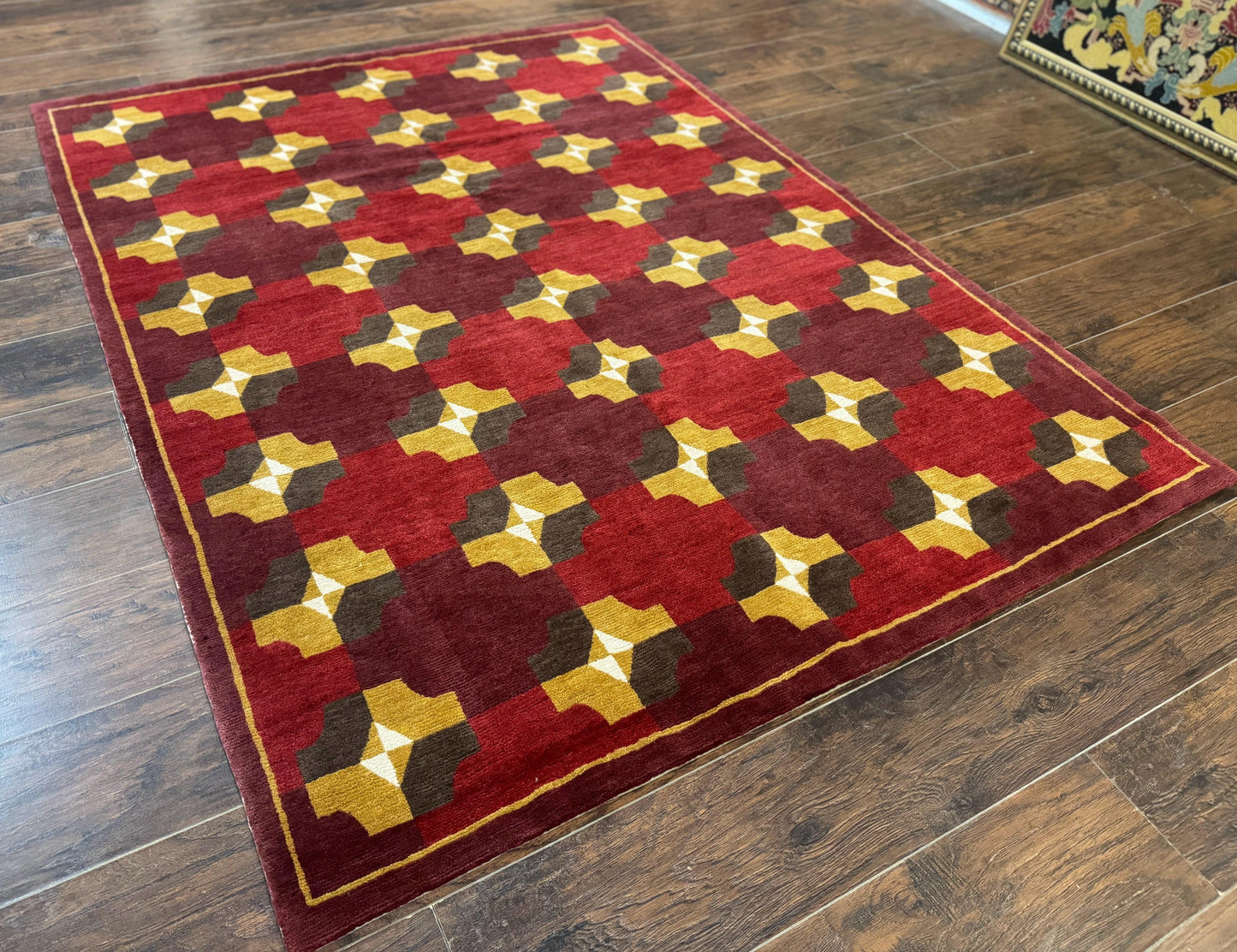 Modern Tibetan Rug 5 x 6.8, Wool, Red, Allover Pattern, Nepali Rug, Abstract Rug, Handmade Area Rug