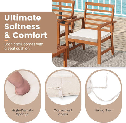 4 Pieces Outdoor Furniture Set, Acacia Wood Conversation Set W/Soft Seat Cushions, Stable Acacia Wood Frame, Patio Sofa & Coffee Table Set for Backyard, Porch, Poolside (White)-3