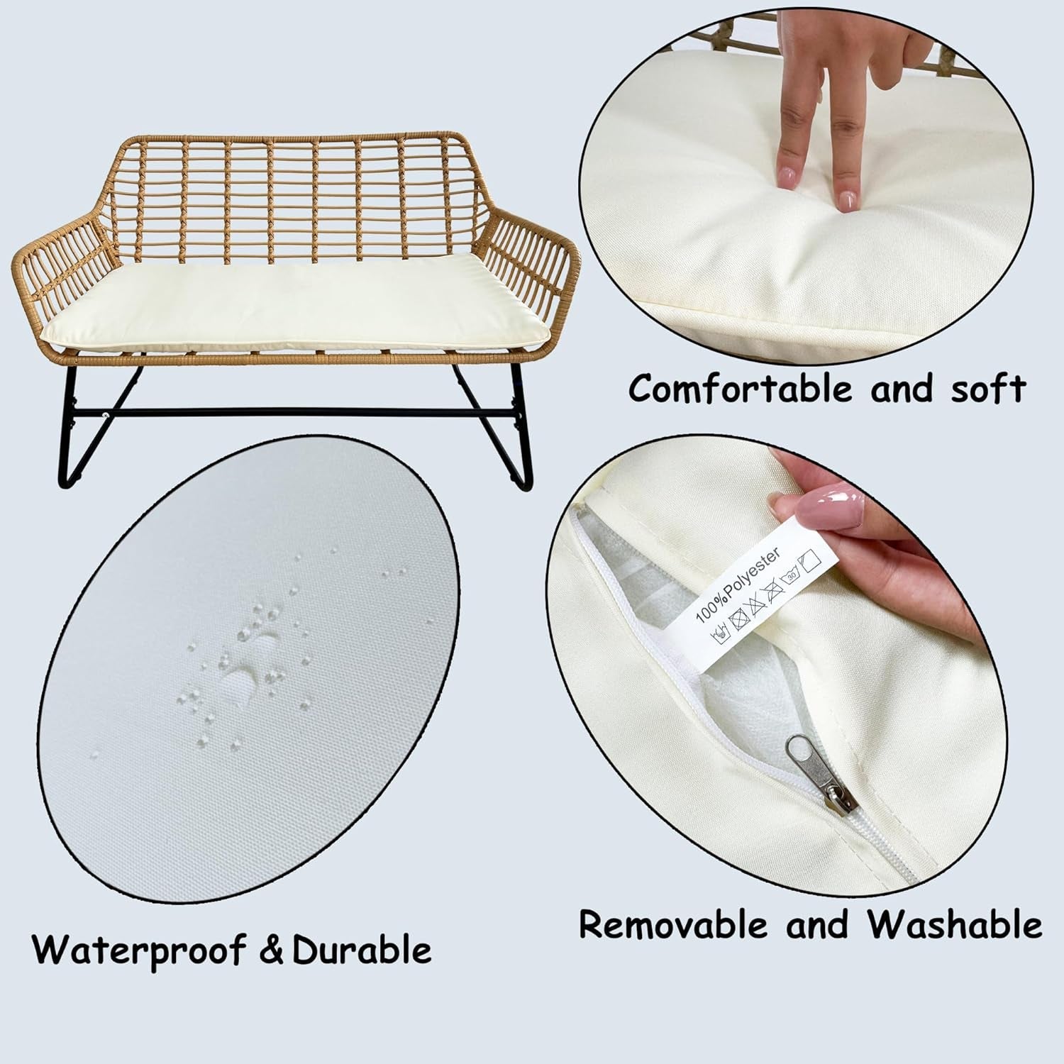 4 Piece Rattan Patio Furniture Set,Indoor/Outdoor Wicker Conversation Set with Loveseat,Chairs and Table for Garden,Porch,Yard and Poolside with White Soft Cushions-4