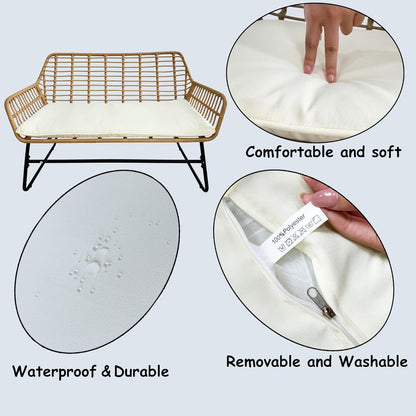 4 Piece Rattan Patio Furniture Set,Indoor/Outdoor Wicker Conversation Set with Loveseat,Chairs and Table for Garden,Porch,Yard and Poolside with White Soft Cushions-4