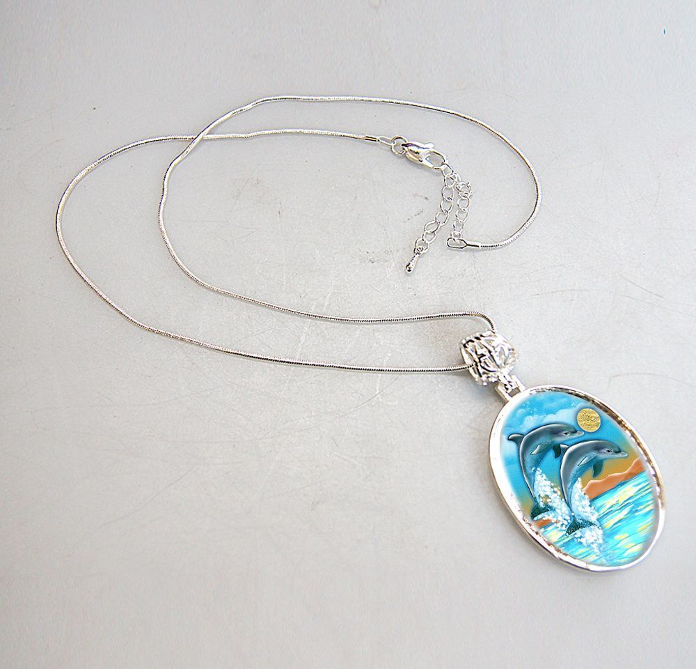 Flying Dolphins Silver Plated Jewelry Mother of Pearl Pendant Necklace - 44011-1