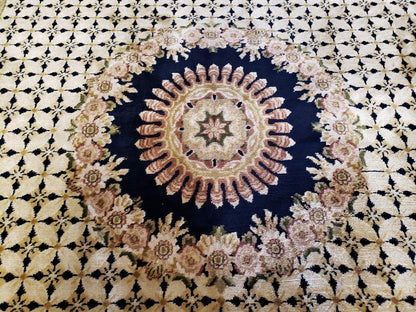 Indian Rug with Tibetan Weave, 6x8 - 6x9 Rugs, Indo-Tibetan Rug, Black and Cream Beige Tan, Floral Border, Soft Rug, Handmade Area Rug, Wool