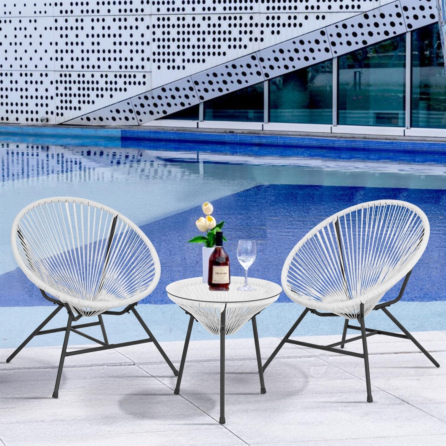 Acapulco Patio Bistro Set 3-Piece Outdoor Furniture Set All-Weather Woven Rope Patio Conversation Set with Glass Top Table and 2 Chairs (White)-2