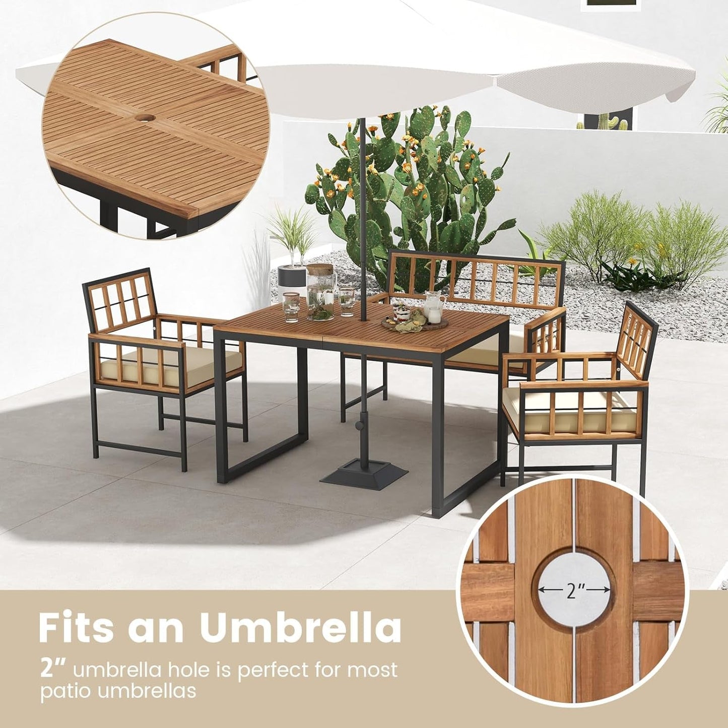 4 Piece Patio Dining Set, Outdoor Wood Dining Furniture W/ 2 Chairs & 1 Loveseat, 47” Acacia Wood Table W/Umbrella Hole, Cozy Seat Cushions, outside Furniture Set for Backyard, Poolside