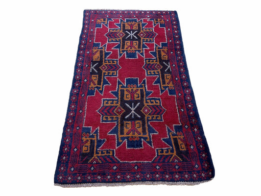 2' 8" X 4' 6" Vintage Handmade Tribal Wool Rug Balouchi Rug Afghan Rug Red Blue-0