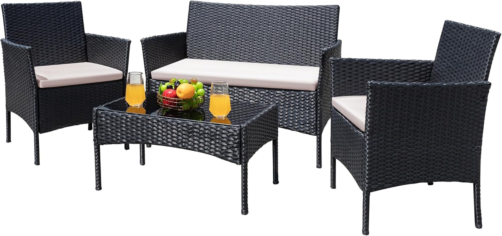 Patio Furniture 4 Pieces Conversation Sets Outdoor Wicker Rattan Chairs Garden Backyard Balcony Porch Poolside Loveseat with Cushion and Glass Table, Black and Beige-0