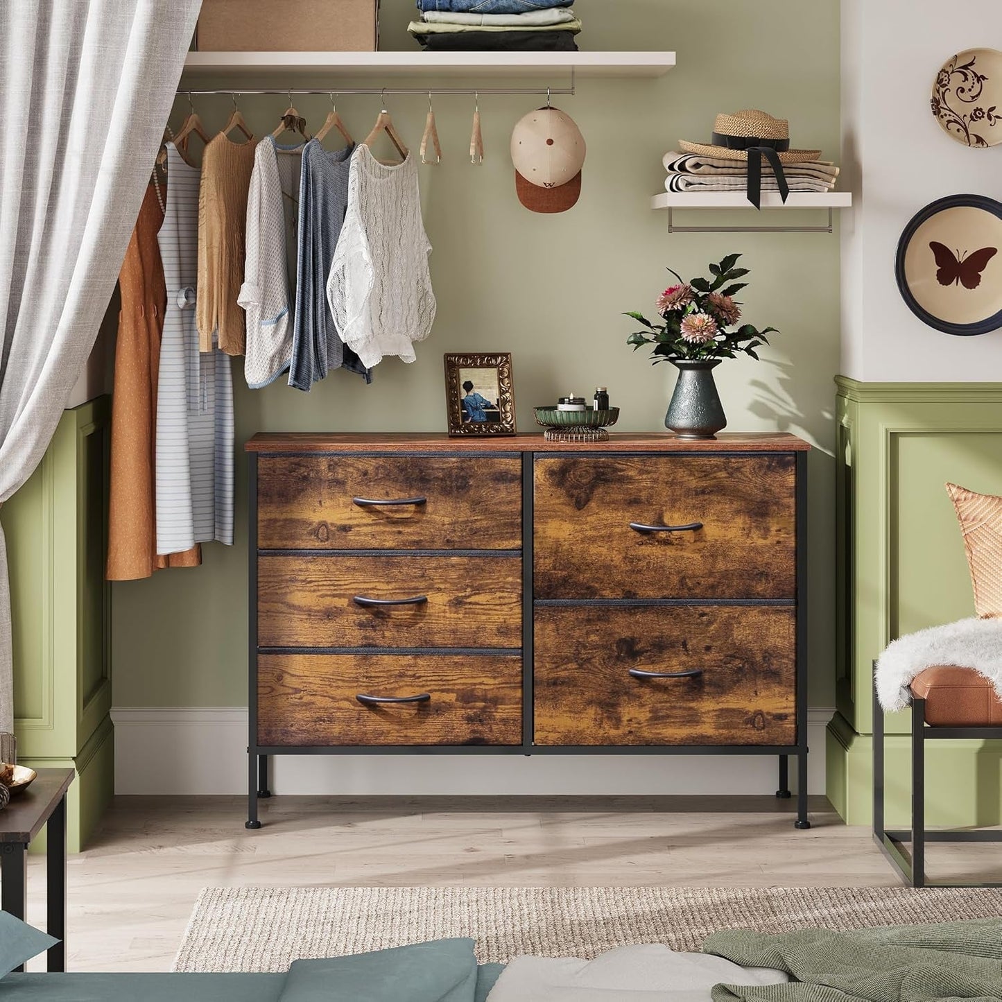 Dresser for Bedroom with 5 Drawers, Wide Bedroom Dresser with Drawer Organizers, Chest of Drawers, Fabric Dresser for Living Room, Closet, Hallway, Rustic Brown Wood Grain Print-3