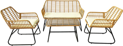 4 Piece Rattan Patio Furniture Set,Indoor/Outdoor Wicker Conversation Set with Loveseat,Chairs and Table for Garden,Porch,Yard and Poolside with White Soft Cushions-0