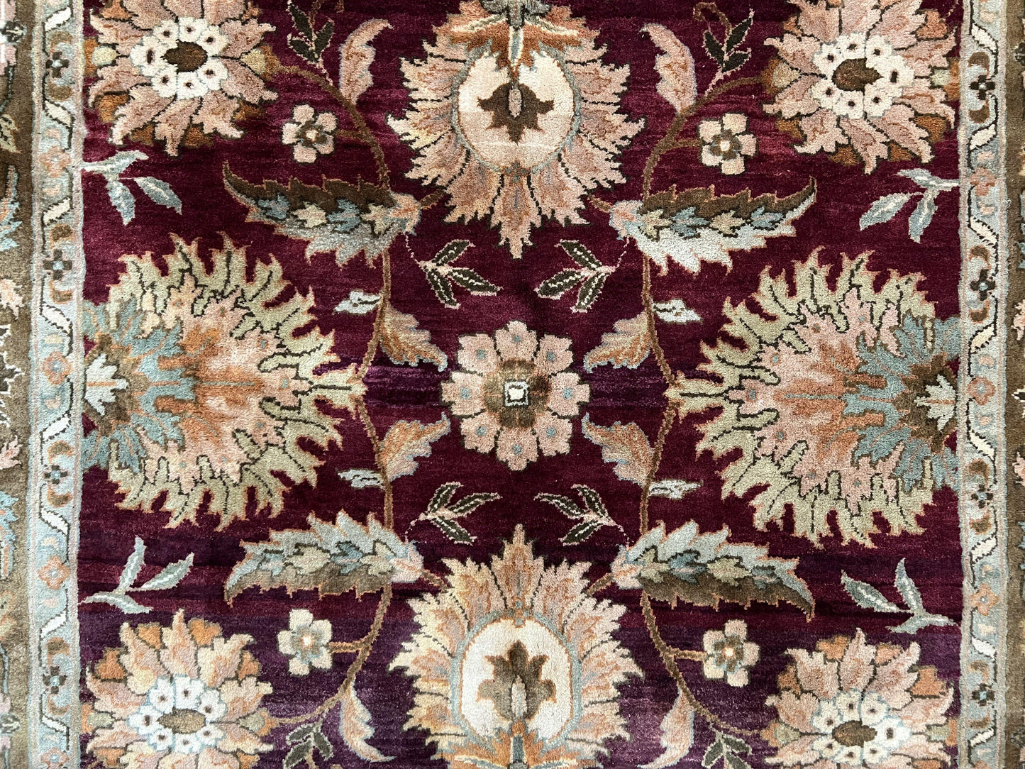 Indo Mahal Rug 6x9, Large Flowers Allover, Maroon and Green, Handmade Wool Area Rug, Vintage Rug, Indian Oriental Carpet, Hand Knotted Rug-3