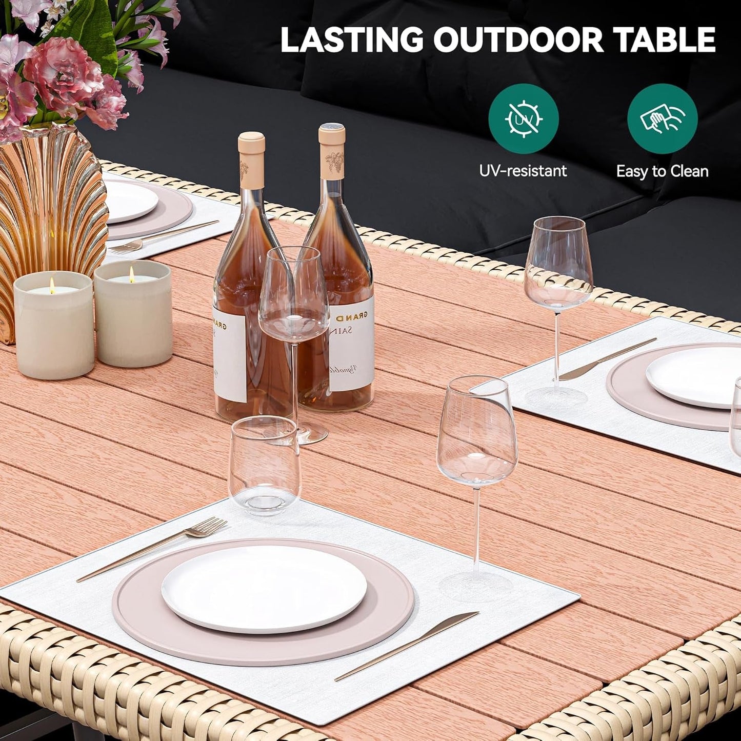 Patio Wicker L-Shaped Furniture Set, All-Weather Rattan Outdoor Conversation Sofa Set for Backyard Deck with Soft Cushions,Ottomans and Plastic Wood Dining Table (Light Brown+Black)-3