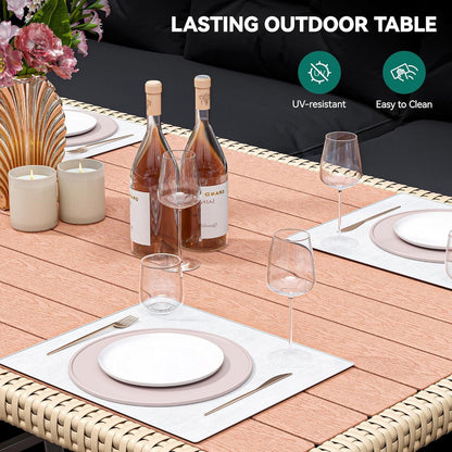 Patio Wicker L-Shaped Furniture Set, All-Weather Rattan Outdoor Conversation Sofa Set for Backyard Deck with Soft Cushions,Ottomans and Plastic Wood Dining Table (Light Brown+Black)-3