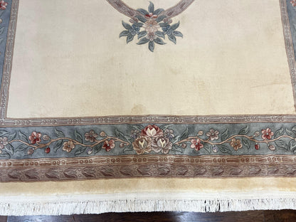 Chinese Carving Rug 8x10, Chinese Wool Carpet 8 x 10, Cream, 120 Line Rug, Vintage Handmade Art Deco Asian Oriental Rug, Aubusson Rug-3