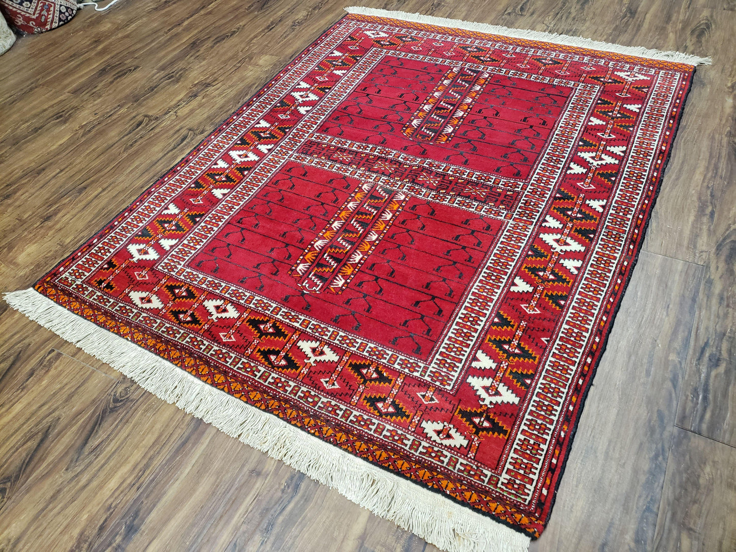 Antique Persian Turkoman Rug 4x5, Hatchli Tekkeh Ersari Red Tribal Rug, Handmade Wool Oriental Carpet, Four Seasons Rug-1