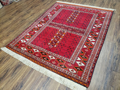 Antique Persian Turkoman Rug 4x5, Hatchli Tekkeh Ersari Red Tribal Rug, Handmade Wool Oriental Carpet, Four Seasons Rug-1