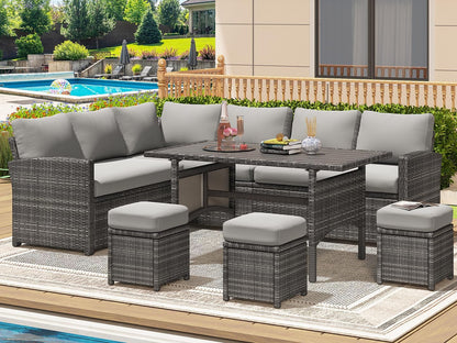 7 Pieces Patio Furniture Set, Outdoor Sectional Sofa Conversation Set, All Weather Wicker Rattan Dining Table & Chair with Ottoman, Grey Rattan&Grey Cushion