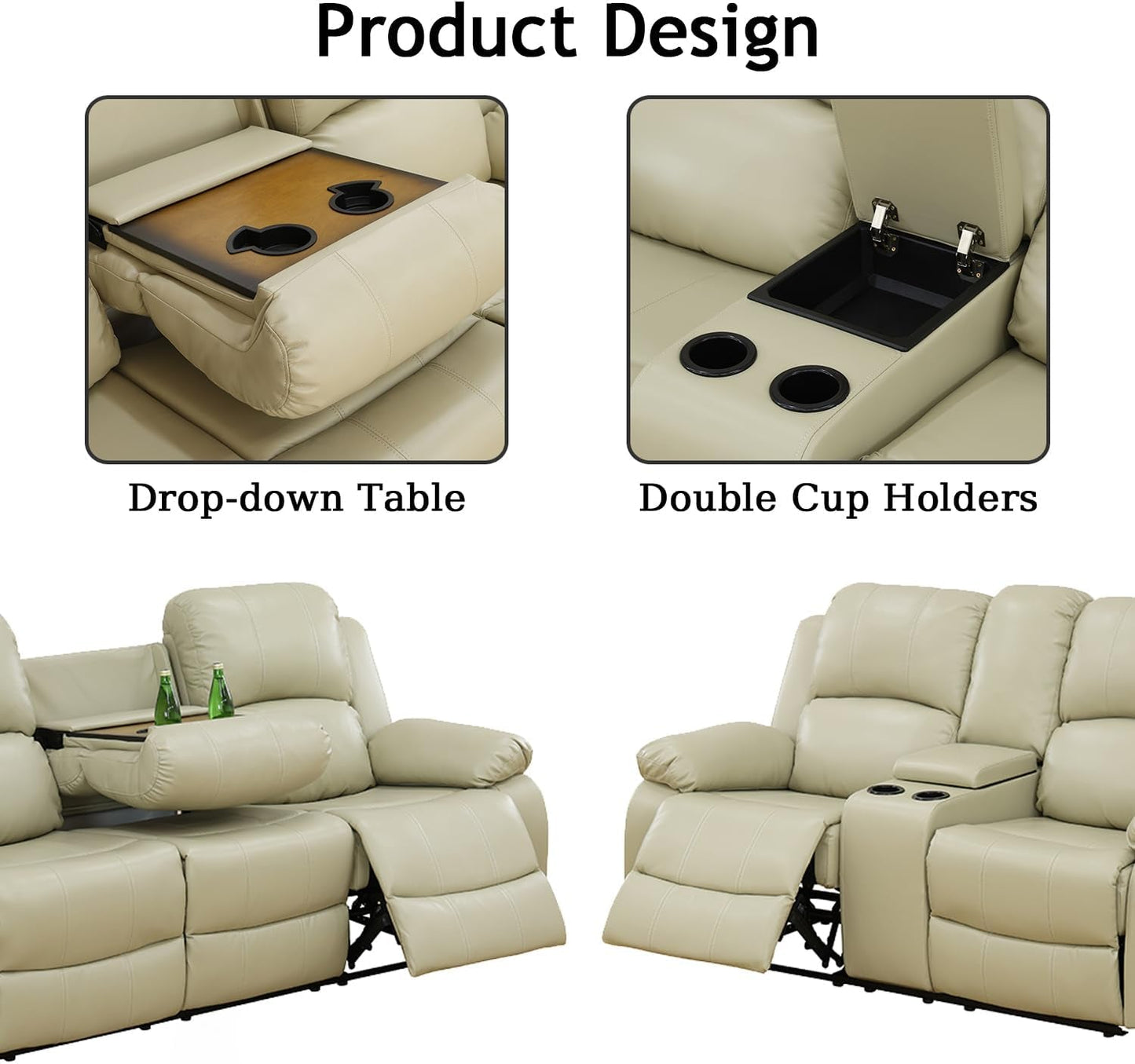 Leather Recliner Sofa Set，Leather Reclining Sofa Set for Living Room Furniture Sets，Beige Recliner Couch Set for Living Room/Office/Theater Seating(Sofa Set 3 Pieces)