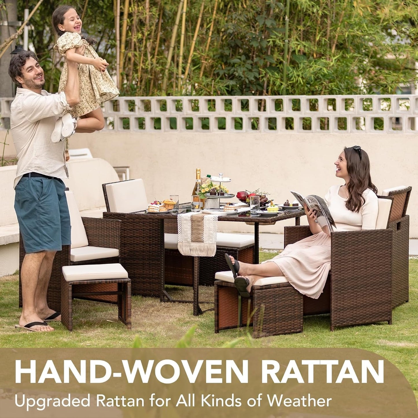 9 Pieces Patio Dining Sets Outdoor Space Saving Rattan Chairs with Glass Table Patio Furniture Sets Cushioned Seating and Back Sectional Conversation Set (Beige)-2