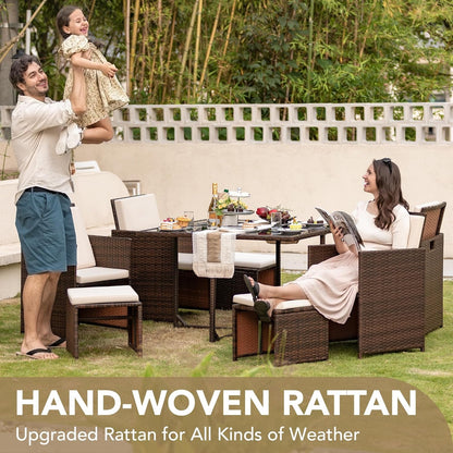 9 Pieces Patio Dining Sets Outdoor Space Saving Rattan Chairs with Glass Table Patio Furniture Sets Cushioned Seating and Back Sectional Conversation Set (Beige)-2