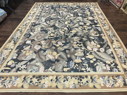 Large Needlepoint Rug 9x13, Handmade Wool Flatweave Vintage Rug, Leaves, Green-0