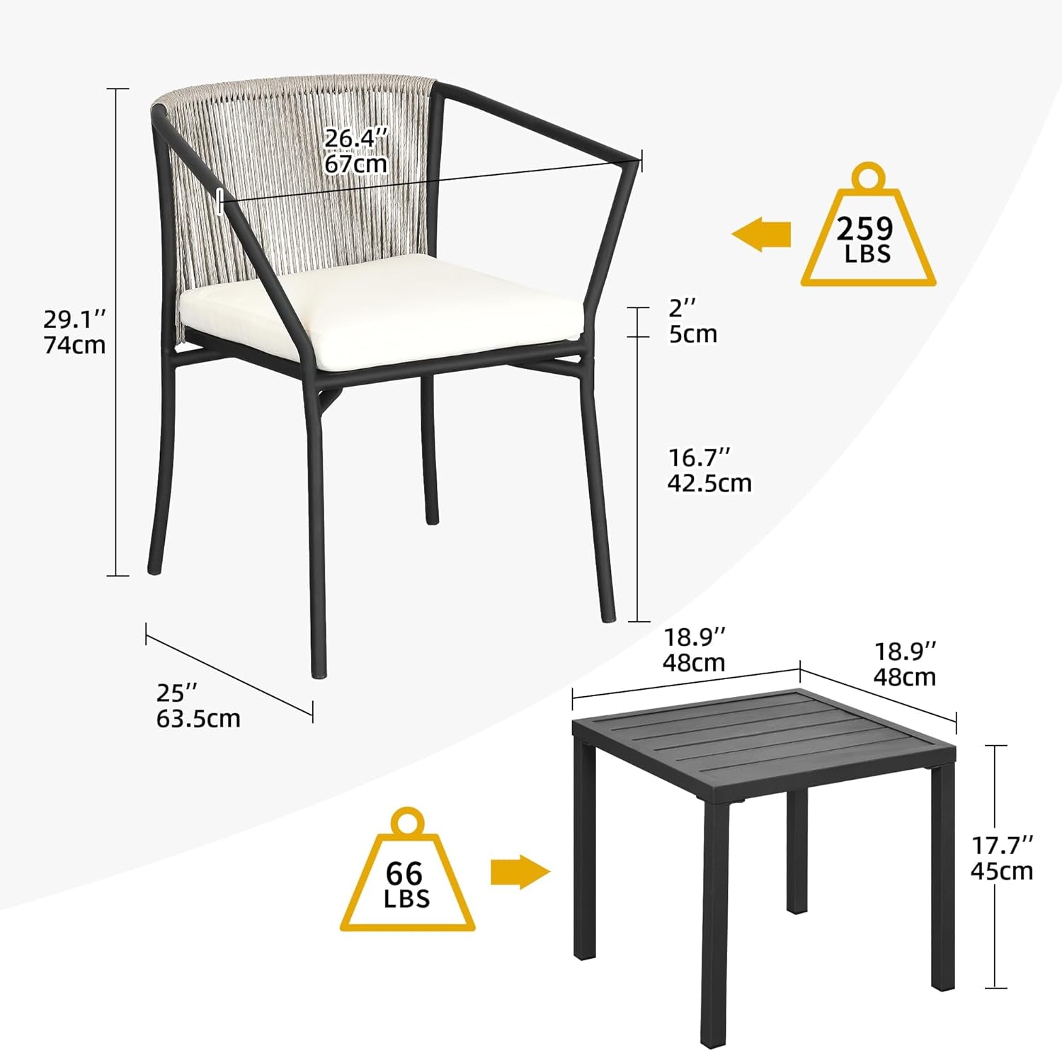 3 Pieces Patio Set Wicker Furniture Outdoor Table and Chairs Rattan Chair Conversation Sets with Cushions & Coffee Table for Porch Backyard Poolside Garden, Gray-3
