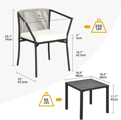 3 Pieces Patio Set Wicker Furniture Outdoor Table and Chairs Rattan Chair Conversation Sets with Cushions & Coffee Table for Porch Backyard Poolside Garden, Gray-3