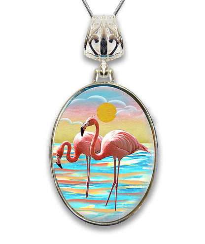 Flamingos Silver Plated Mother of Pearl Jewelry Pendant Necklace Coastal - 44046